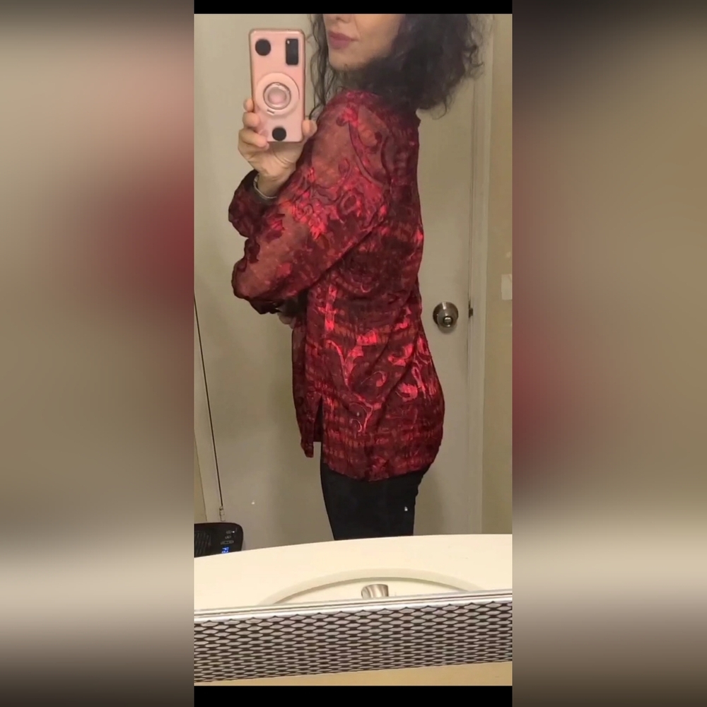 NWT Sheer Velvety Silky Red Button-Up Blouse - Picture 4 of 4